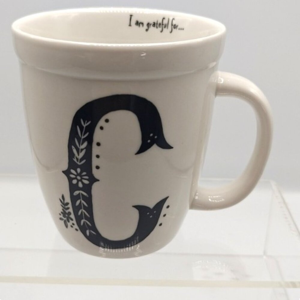 Natural Life Initial "C" Coffee Tea Mug "I Am Grateful For.. " Cream & Black